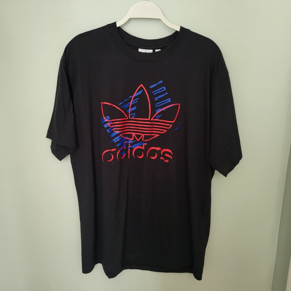 Adidas Men Large OG Sketch Trefo Crew‎ Neck Short Sleeve T-Shirt Black Casual